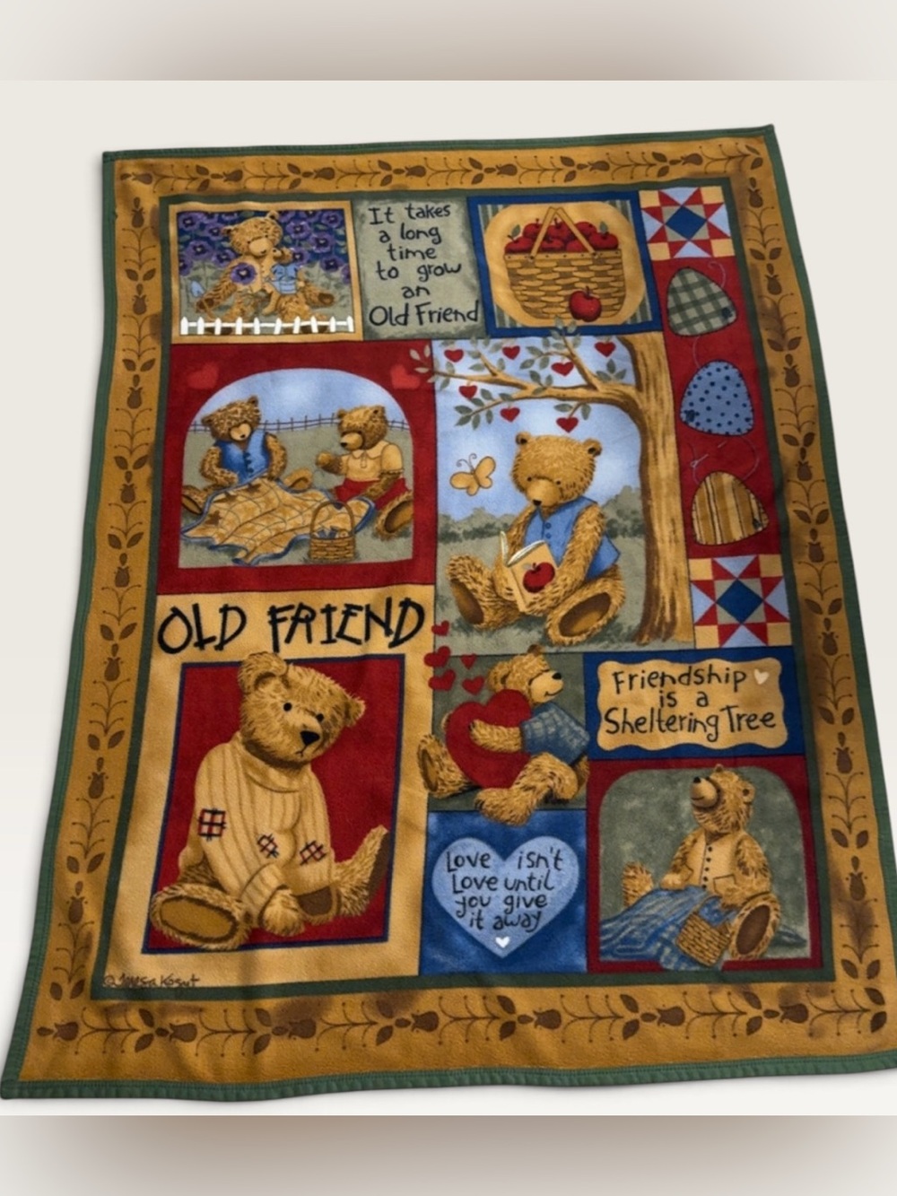 VINTAGE COTTAGECORE TEDDY BEAR FLEECE THROW BLANKET “OLD FRIEND” 🧸